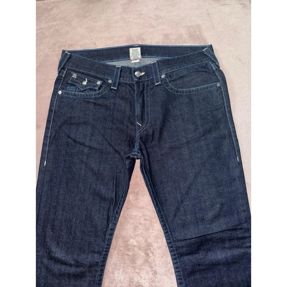 True Religion Mens Straight Blue Denim Jeans Dark Wash Slim Fit Size 36‎